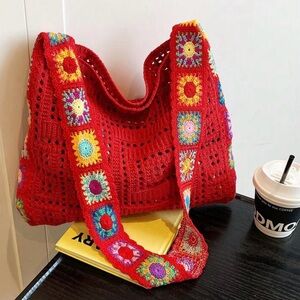 RED Granny Square Crochet Tote Bag